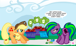 Size: 1000x600 | Tagged: dead source, safe, artist:lillykitten, applejack, oc, earth pony, pony, g4, antagonist, apple, duo, duo female, female, food, mare, poison