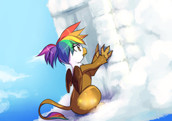 Size: 1400x990 | Tagged: safe, artist:bakki, oc, oc only, oc:rainbow feather, griffon, building, castle, cloud, cloudy, glowing, interspecies offspring, magical lesbian spawn, offspring, parent:gilda, parent:rainbow dash, parents:gildash, solo