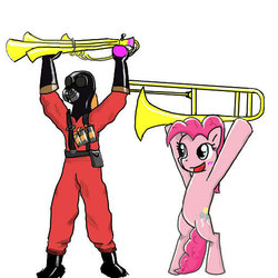 Size: 512x512 | Tagged: safe, pinkie pie, human, pony, g4, bipedal, blushing, crossover, duo, female, happy, male, mare, musical instrument, open mouth, open smile, pyro (tf2), rainblower, simple background, smiling, team fortress 2, trombone, white background