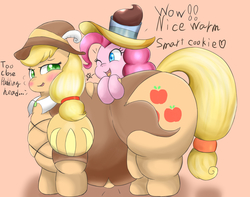 Size: 1636x1290 | Tagged: safe, artist:braffy, applejack, chancellor puddinghead, pinkie pie, smart cookie, g4, applebutt, applefat, belly, blushing, fat, obese, the ass was fat, wardrobe malfunction, wink