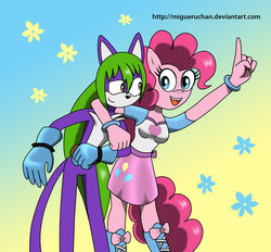 Size: 927x862 | Tagged: safe, artist:migueruchan, pinkie pie, oc, anthro, g4, abstract background, arm around neck, canon x oc, clothes, crossover, duo, equestria girls outfit, non-mlp oc, sonic the hedgehog (series)