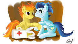 Size: 3628x2040 | Tagged: safe, artist:jbond, soarin', spitfire, pegasus, pony, g4, bandage, duo, female, first aid, first aid kit, high res, male, mare, old cutie mark, ship:soarinfire, shipping, signature, sitting, stallion, straight