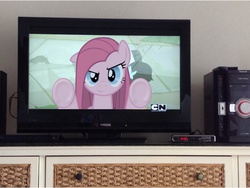 Size: 1024x768 | Tagged: safe, artist:steve10602, pinkie pie, g4, adventure time, breaking the fourth wall, cartoon network, clock, irl, logo, male, photo, pinkamena diane pie, ponies in real life, solo, television, toshiba, vector