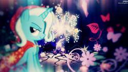Size: 1920x1080 | Tagged: safe, artist:illumnious, artist:the smiling pony, artist:xpesifeindx, tree of harmony, trixie, pony, unicorn, g4, bedroom eyes, cape, clothes, female, flower, looking at you, mare, sideways, vector, wallpaper