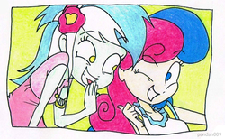 Size: 612x377 | Tagged: safe, artist:pandan009, bon bon, lyra heartstrings, sweetie drops, equestria girls, g4, duo, grin, laughing, laughingmares.jpg, one eye closed, smiling, tongue out, traditional art, wink