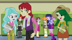 Size: 1920x1080 | Tagged: safe, screencap, crimson napalm, nolan north, paisley, scribble dee, spike, sweet leaf, velvet sky, dog, equestria girls, g4, my little pony equestria girls, background human, book, laughing, notebook, school, spike the dog