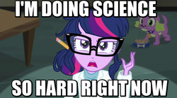 Size: 640x357 | Tagged: safe, edit, edited screencap, screencap, sci-twi, spike, spike the regular dog, twilight sparkle, dog, equestria girls, g4, my little pony equestria girls: rainbow rocks, bino the elephant, caption, filmcow, glasses, image macro, meme, science