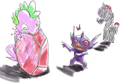 Size: 1536x1052 | Tagged: safe, artist:goneking, rarity, spike, sableye, g4, eating, mega sableye, pixiv, pokémon