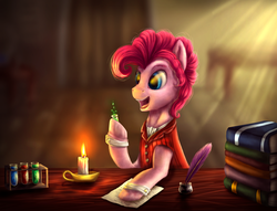 Size: 1700x1300 | Tagged: safe, artist:9de-light6, pinkie pie, earth pony, pony, g4, book, bubble berry, candle, clothes, dr jekyll, dr jekyll and mr hyde, ink, quill, rule 63, solo, vest, vial