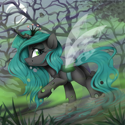 Size: 2300x2300 | Tagged: safe, artist:meotashie, queen chrysalis, bird, changeling, changeling queen, nymph, owl, g4, crown, fangs, female, forest, high res, jewelry, looking at you, moon, raised hoof, regalia, solo, swamp, transparent wings, water, wings