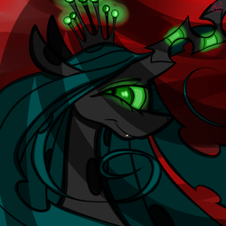 Size: 4096x4096 | Tagged: safe, artist:briarspark, queen chrysalis, changeling, changeling queen, g4, absurd resolution, crown, female, glowing eyes, jewelry, regalia, smiling, solo