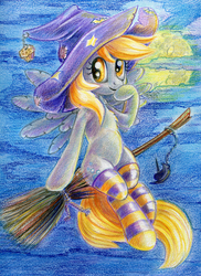 Size: 895x1230 | Tagged: safe, artist:maytee, derpy hooves, pegasus, pony, g4, accessory swap, broom, clothes, female, flying broomstick, mare, socks, solo, striped socks, traditional art
