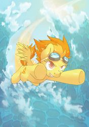 Size: 1280x1819 | Tagged: safe, artist:lonelycross, spitfire, pegasus, pony, g4, aviator goggles, female, flying, goggles, grin, mare, ocean, smiling, solo, spread wings, trail, wave, wings