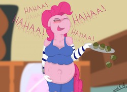 Size: 1280x924 | Tagged: safe, artist:theimmortalwolf, pinkie pie, earth pony, anthro, g4, belly button, blushing, bra, clothes, female, kicking, laughing, muffin, nose in the air, preggy pie, pregnant, solo, underwear