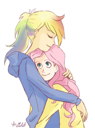 Size: 400x541 | Tagged: safe, artist:audraviolet, fluttershy, rainbow dash, human, g4, female, hug, humanized, lesbian, ship:flutterdash, shipping