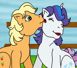 Size: 544x479 | Tagged: safe, artist:maleiva, applejack (g1), glory, earth pony, pony, unicorn, g1, rescue at midnight castle, duo, face licking, female, licking, mare