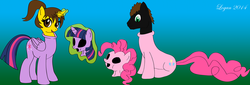 Size: 1120x380 | Tagged: safe, artist:thesuitkeeper89, pinkie pie, twilight sparkle, oc, oc:leria, alicorn, pony, g4, clothes, costume, crossdressing, duo, female, looking at you, male, mare, masking, pinkie suit, ponysuit, twilight sparkle (alicorn), twilight suit