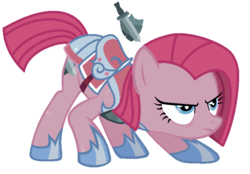 Size: 828x576 | Tagged: safe, artist:unoriginai, pinkie pie, earth pony, pony, g4, alternate cutie mark, alternate hairstyle, alternate universe, armor, bad future, bags under eyes, crouching, friendship isn't real (unoriginai), hilarious in hindsight, pinkamena diane pie, saddle, scar