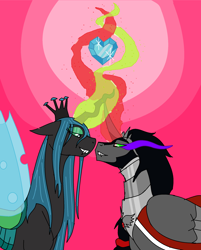 Size: 1896x2360 | Tagged: safe, artist:carousell777, king sombra, queen chrysalis, alicorn, changeling, changeling queen, pony, g4, alicorn amulet, crystal heart, female, horn, horns are touching, lidded eyes, looking at each other, looking at someone, male, ship:chrysombra, shipping, stallion, straight, unholy matrimony
