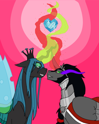 Size: 1896x2360 | Tagged: safe, artist:carousell777, king sombra, queen chrysalis, alicorn, changeling, changeling queen, pony, g4, alicorn amulet, crystal heart, female, horn, horns are touching, lidded eyes, looking at each other, looking at someone, male, ship:chrysombra, shipping, stallion, straight, unholy matrimony, what if