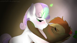 Size: 1024x576 | Tagged: safe, artist:mrshortcake, button mash, sweetie belle, earth pony, pony, unicorn, g4, bedroom eyes, blushing, colt, duo, eyes closed, female, filly, fluffy, heart, kiss on the lips, kissing, magic, male, messy mane, ship:sweetiemash, shipping, straight