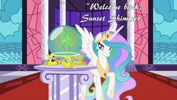 Size: 960x540 | Tagged: safe, princess celestia, sunset shimmer, alicorn, pony, equestria girls, g4, my little pony equestria girls: rainbow rocks, castle, crying, crystal ball, homesick shimmer, tears of joy, the prodigal sunset