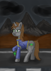 Size: 637x877 | Tagged: safe, artist:sadlylover, oc, oc only, oc:littlepip, pony, unicorn, fallout equestria, clothes, cloud, cloudy, crossover, cutie mark, fanfic, fanfic art, female, hooves, horn, jumpsuit, mare, pipbuck, raised hoof, solo, vault suit, wasteland