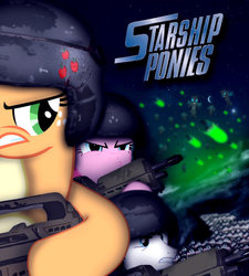 Size: 848x942 | Tagged: safe, artist:dan232323, applejack, pinkie pie, shining armor, pony, g4, crossover, gun, morita rifle, parody, rifle, starship troopers, war