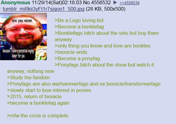 Size: 578x410 | Tagged: safe, 4chan, 4chan screencap, barely pony related, bionicle, greentext, lego, text