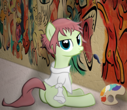 Size: 2537x2186 | Tagged: artist needed, source needed, safe, pony, high res, katawa shoujo, mouth hold, mural, paintbrush, palette, ponified, rin tezuka, sitting, solo