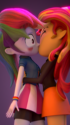 Size: 1080x1920 | Tagged: safe, artist:creatorofpony, rainbow dash, sunset shimmer, human, equestria girls, g4, 3d, 3d model, 4chan, blender, blue skin, blushing, clothes, compression shorts, duo, duo female, female, hug, jacket, kiss on the lips, kissing, leather jacket, lesbian, rainbow hair, shipping, shorts, shorts under skirt, skirt, sunsetdash, teenager, wristband