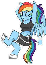 Size: 1000x1396 | Tagged: safe, artist:dbkit, rainbow dash, pegasus, anthro, unguligrade anthro, g4, armpits, clothes, shorts, solo, wink