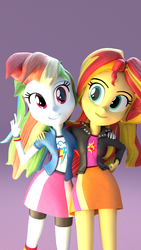 Size: 1080x1920 | Tagged: safe, artist:creatorofpony, rainbow dash, sunset shimmer, equestria girls, g4, 3d, 3d model, boots, clothes, female, hand on hip, jacket, peace sign, rainbow socks, shirt, shoes, skirt, smiling, socks, striped socks, sunset shimmer's skirt, t-shirt, teenager
