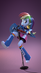 Size: 1080x1920 | Tagged: safe, artist:creatorofpony, rainbow dash, equestria girls, g4, 3d, 3d model, blender, boots, clothes, female, guitar, microphone, rainbow socks, shirt, shoes, skirt, socks, striped socks, teenager, tongue out