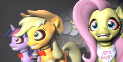 Size: 1356x689 | Tagged: safe, applejack, fluttershy, twilight sparkle, alicorn, pony, robot, robot pony, five nights at aj's, g4, 3d, animatronic, applefreddy, bloodshot eyes, crazy face, creepy, faic, female, five nights at freddy's, flutterchica, gmod, looking at you, mare, microphone, sharp teeth, show stage, singing, smiling, source filmmaker, stage, twibon, twilight sparkle (alicorn)