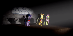 Size: 1344x673 | Tagged: safe, applejack, fluttershy, twilight sparkle, alicorn, pony, robot, robot pony, five nights at aj's, g4, 3d, animatronic, applebot, applefreddy, bloodshot eyes, female, five nights at freddy's, flutterchica, gmod, looking at you, mare, microphone, sharp teeth, show stage, singing, source filmmaker, twibon, twilight sparkle (alicorn)