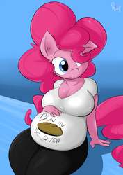 Size: 637x900 | Tagged: safe, artist:sanders, pinkie pie, earth pony, anthro, g4, belly, big belly, breasts, busty pinkie pie, clothes, female, fetish fridays, hair over one eye, preggy pie, pregnant, sitting, smiling, solo, tumblr