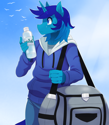 Size: 1837x2104 | Tagged: safe, artist:ss2sonic, oc, oc only, oc:light shine, bird, unicorn, anthro, bag, blushing, bottle, clothes, commission, frown, hoodie, jacket, looking back, male, solo, stallion, sweatdrop, water, water bottle