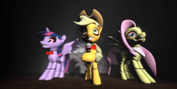 Size: 1362x685 | Tagged: safe, applejack, fluttershy, twilight sparkle, alicorn, pony, robot, robot pony, five nights at aj's, g4, 3d, animatronic, applebot, applefreddy, bloodshot eyes, female, five nights at freddy's, flutterchica, gmod, looking at you, mare, microphone, sharp teeth, show stage, singing, source filmmaker, twibon, twilight sparkle (alicorn)