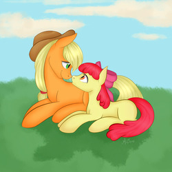 Size: 1280x1280 | Tagged: safe, artist:fairdahlia, apple bloom, applejack, g4, boop, noseboop, sisters