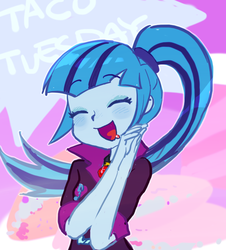 Size: 589x651 | Tagged: safe, artist:baekgup, sonata dusk, equestria girls, g4, my little pony equestria girls: rainbow rocks, clothes, cute, eyes closed, female, happy, open mouth, solo, sonatabetes, sonataco, taco tuesday