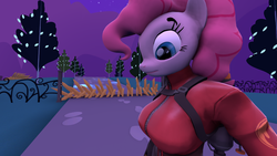 Size: 900x506 | Tagged: safe, pinkie pie, earth pony, anthro, g4, 3d, breasts, busty pinkie pie, female, latex, pyro (tf2), solo, source filmmaker, surprised, team fortress 2