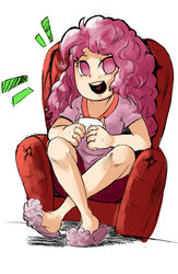 Size: 1024x1572 | Tagged: safe, artist:dedalocious, pinkie pie, human, g4, clothes, female, humanized, sitting, slippers, solo