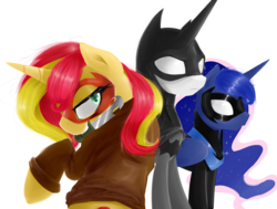 Size: 2362x1783 | Tagged: safe, artist:supermare, princess celestia, princess luna, sunset shimmer, pony, unicorn, g4, batman, cosplay, nightwing, red hood, simple background, transparent background