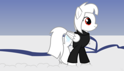 Size: 11200x6400 | Tagged: safe, artist:parclytaxel, oc, oc only, oc:snowy whisper, pegasus, pony, .svg available, absurd resolution, antarctica, clothes, hoodie, hoofprints, not from pony creator, pack ice, pun, smiling, snow, solo, vector, walking, water, wilkes land