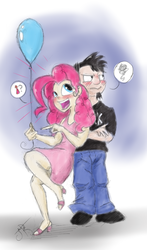 Size: 1127x1920 | Tagged: safe, artist:jorobro, pinkie pie, human, g4, balloon, crossover, crossover shipping, dan, dan pie, dan vs, female, humanized, male, shipping, smiling, straight