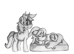 Size: 2338x1700 | Tagged: safe, artist:omnitoast, oc, oc only, earth pony, pony, unicorn, comforting, crying, eyes closed, floppy ears, lying down, monochrome, sad, sketch, smiling