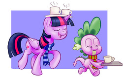 Size: 700x441 | Tagged: safe, artist:nukilik, spike, twilight sparkle, alicorn, dragon, pony, g4, clothes, cute, duo, duo male and female, female, hot chocolate, male, mare, scarf, spikabetes, twiabetes, twilight sparkle (alicorn)