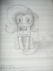 Size: 720x960 | Tagged: safe, artist:sadasdsad, fluttershy, g4, cute, female, grayscale, homeless, lined paper, monochrome, sad, solo, traditional art