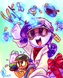 Size: 900x1100 | Tagged: safe, artist:whitediamonds, applejack, rarity, earth pony, pony, unicorn, rarijack daily, g4, clothes, duo, female, freckles, glowing, glowing horn, goggles, helmet, horn, lesbian, levitation, magic, magic aura, mare, open mouth, ship:rarijack, shipping, shopping, sweat, telekinesis